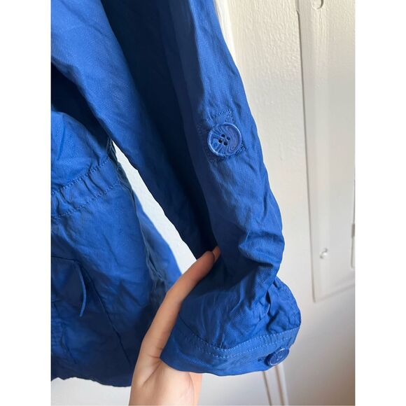 Chico's Size 3 Womens XL Button Closure Blue Jacket Scrunch Waist Roll Tab Sleev - Picture 5 of 6